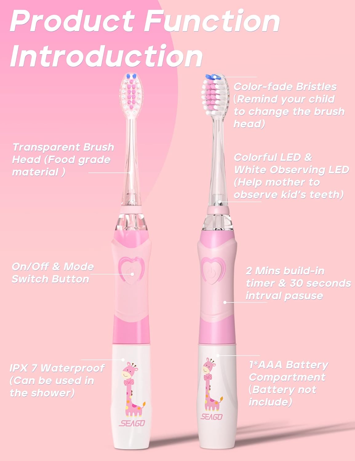 Thumbnail 3 de SEAGO SG977 Kids Electric Toothbrush (Ages 3+), Soft Bristles, Timer, IPX7 Waterproof