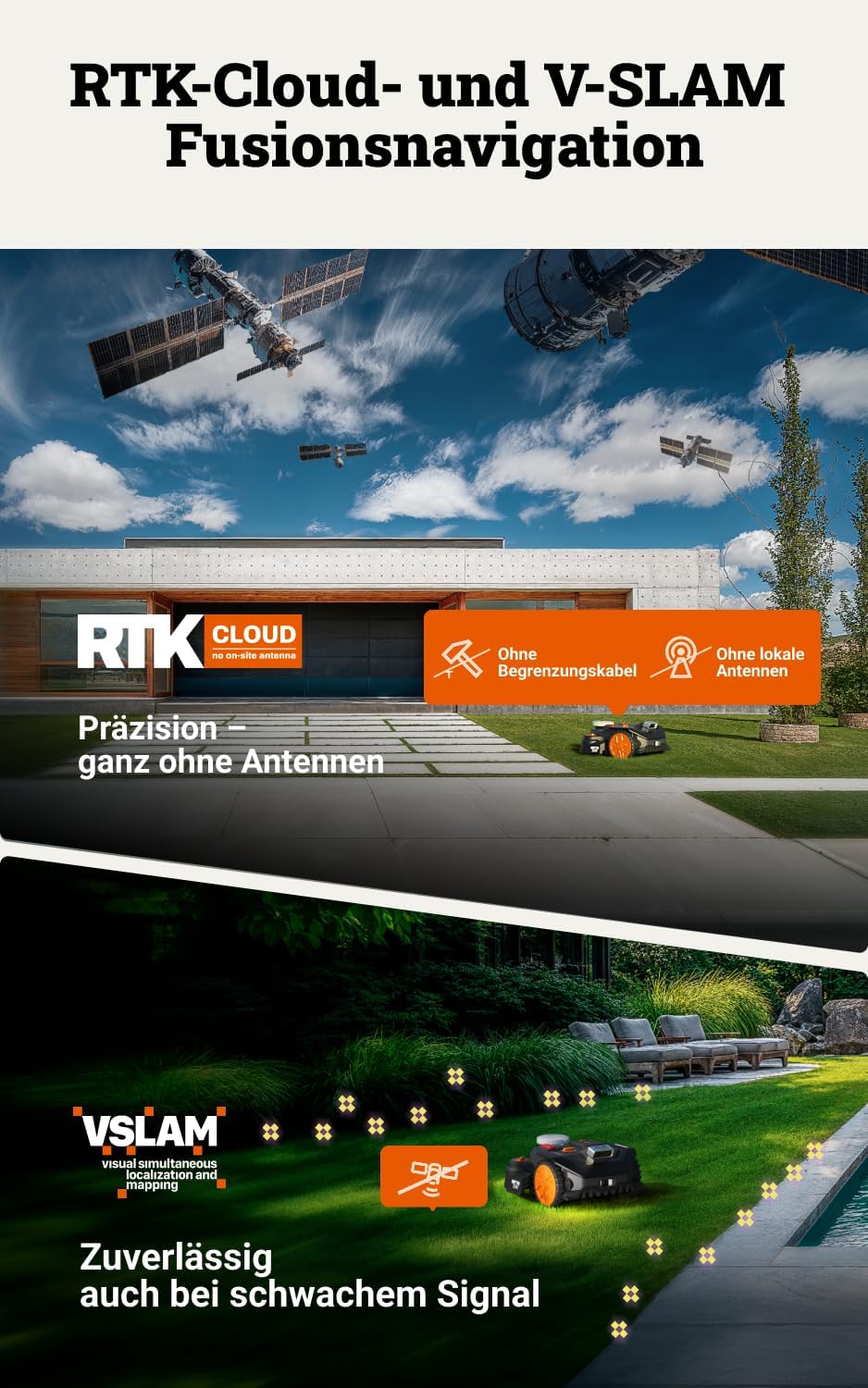 Detalle de WORX Landroid Vision Cloud WR306E 2WD Mähroboter für bis zu 600 m² – ohne Begrenzungskabel (RTK Cloud, KI-Hinderniserkennung)