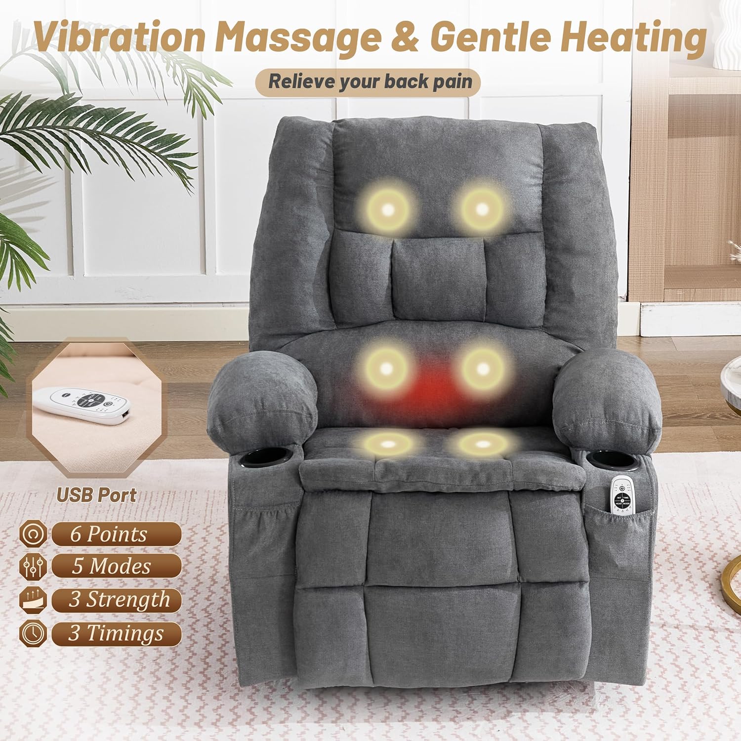 Thumbnail 2 de Sofayonn Swivel Rocker Recliner Chair with Massage, Heat, USB Port and Cup Holders