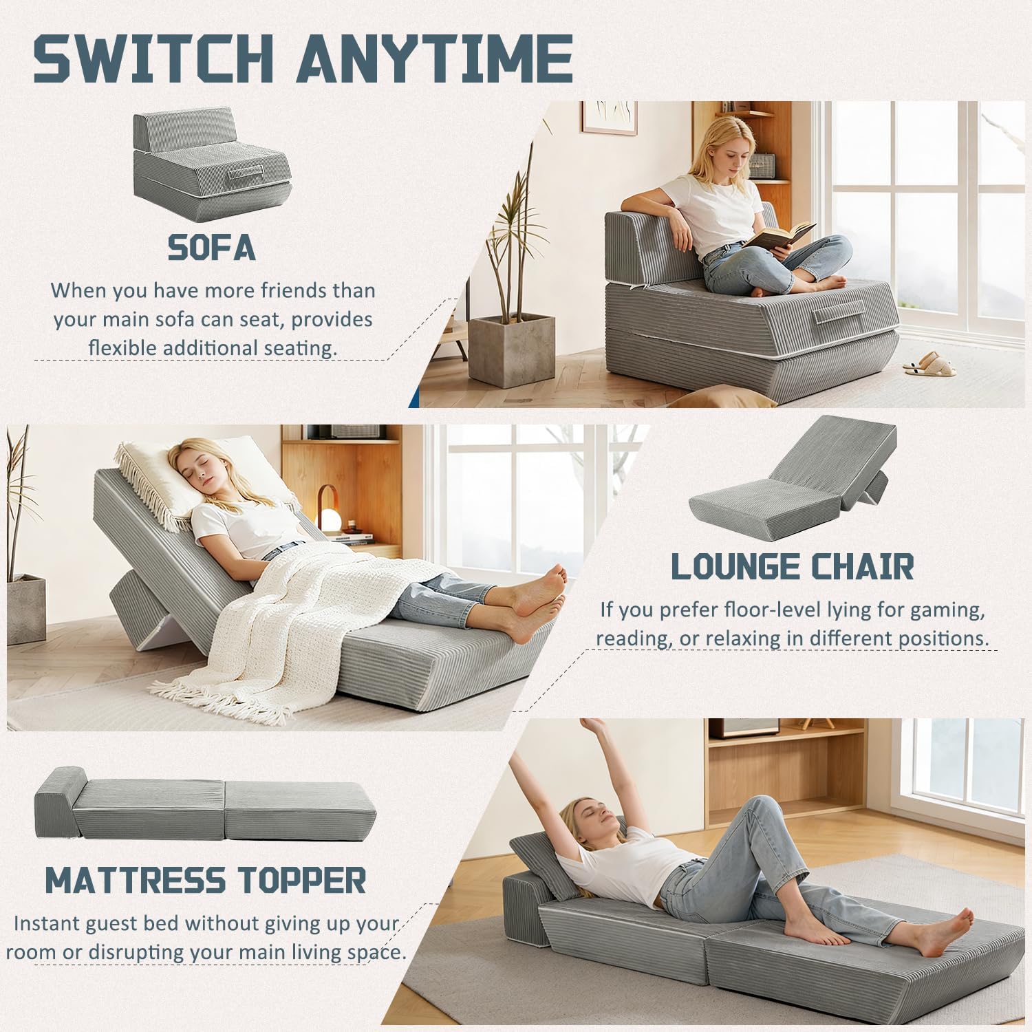 Thumbnail 2 de Trenda Folding Chair Bed, 3-in-1 Convertible Sleeper Chair, Cloudy Grey