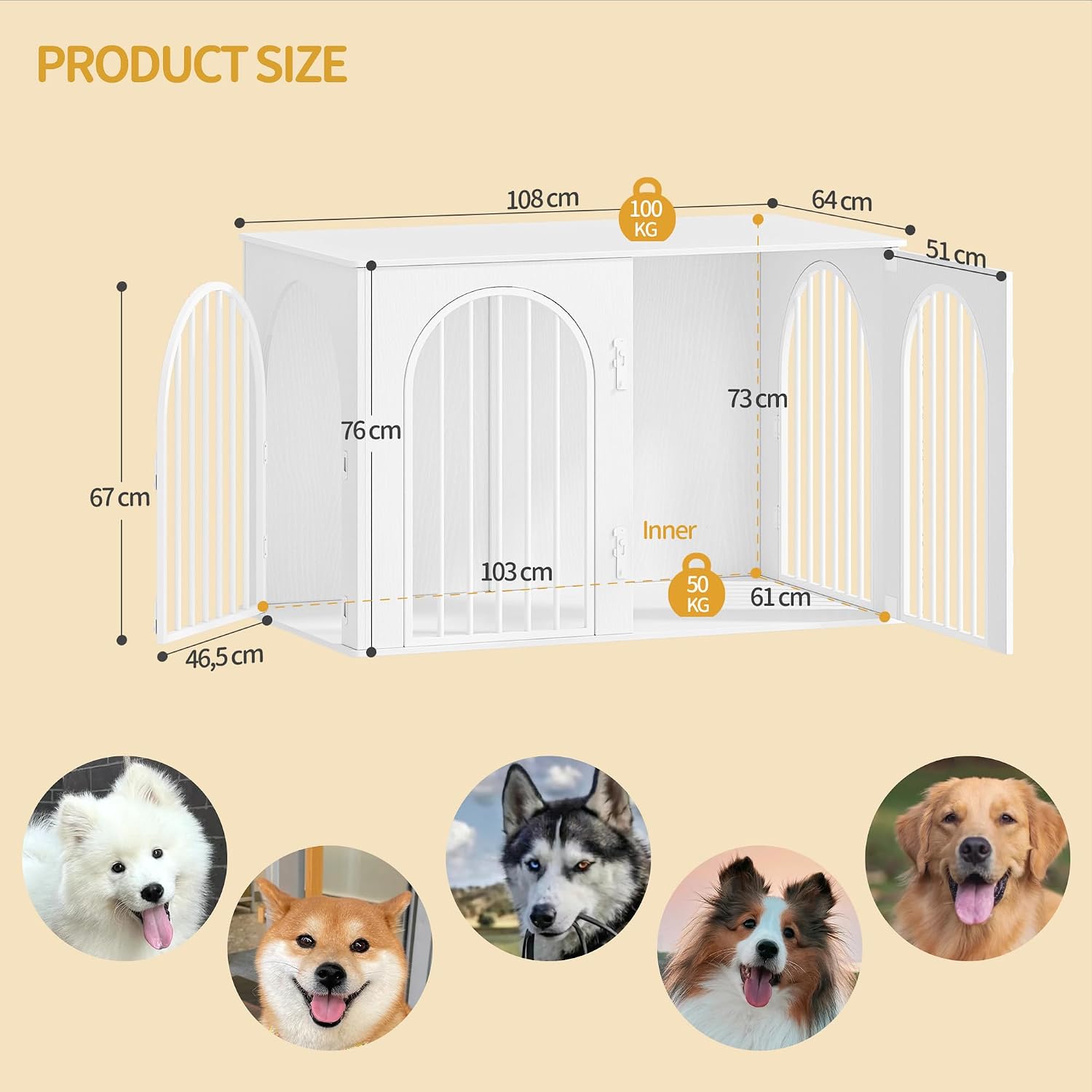 Detalle de Hzuaneri Hundekäfig Möbel DFC86013W – 108 cm Hundebox mit Bogentür und 3 Zugängen
