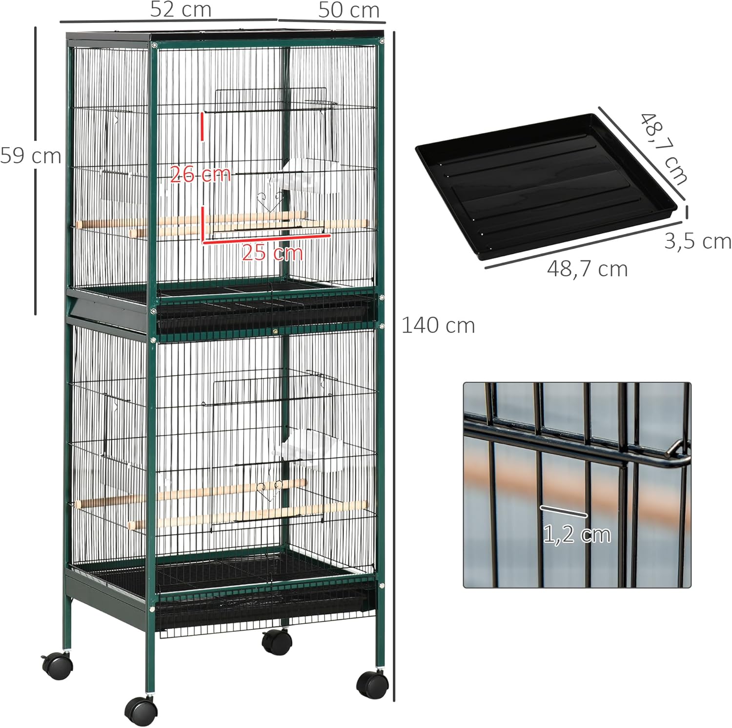 Thumbnail 6 de PawHut Grande Cage à Oiseaux sur Pied – Volière double avec plateaux amovibles et roulettes