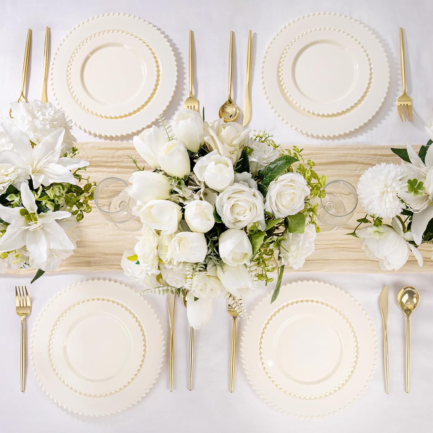 Detalle de U-QE 60PCS Ivory Beaded Plastic Plates - 30 Dinner (10in) + 30 Dessert (7in) Set