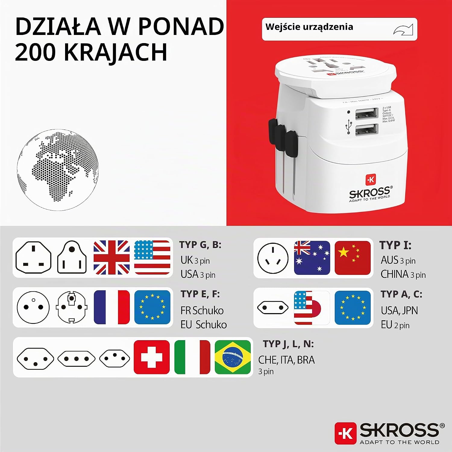 Detalle de SKROSS PRO Light USB (2xA) – 3-biegunowy adapter podróżny z 2 portami USB