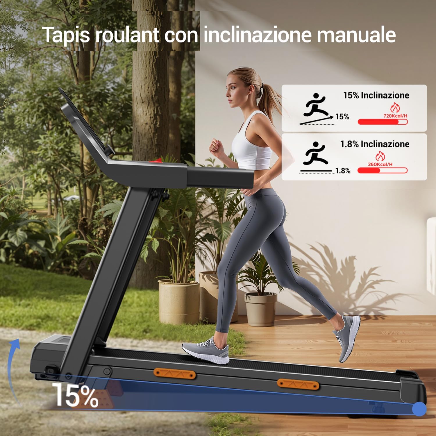 Detalle de UMAY Tapis Roulant Salvaspazio con Inclinazione 15% — Motore 3.0 HP, 97x40 cm, Display LED