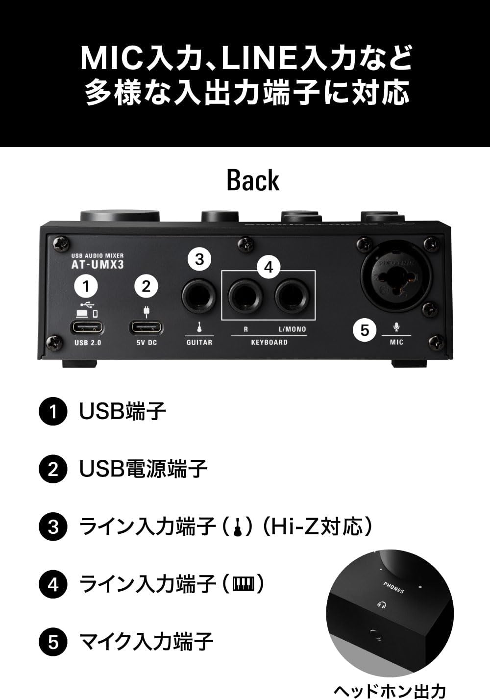 Detalle 2 de オーディオテクニカ AT-UMX3 USBオーディオミキサー、ループバック・ダイレクトモニター搭載