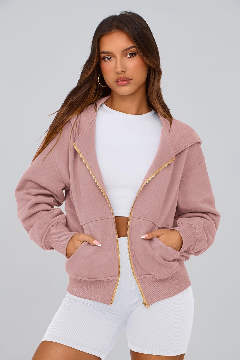 Detalle de PRETTYGARDEN Zip-Up Hoodies for Women — Soft Fleece-Lined, Front-Pocket Long Sleeve Jacket