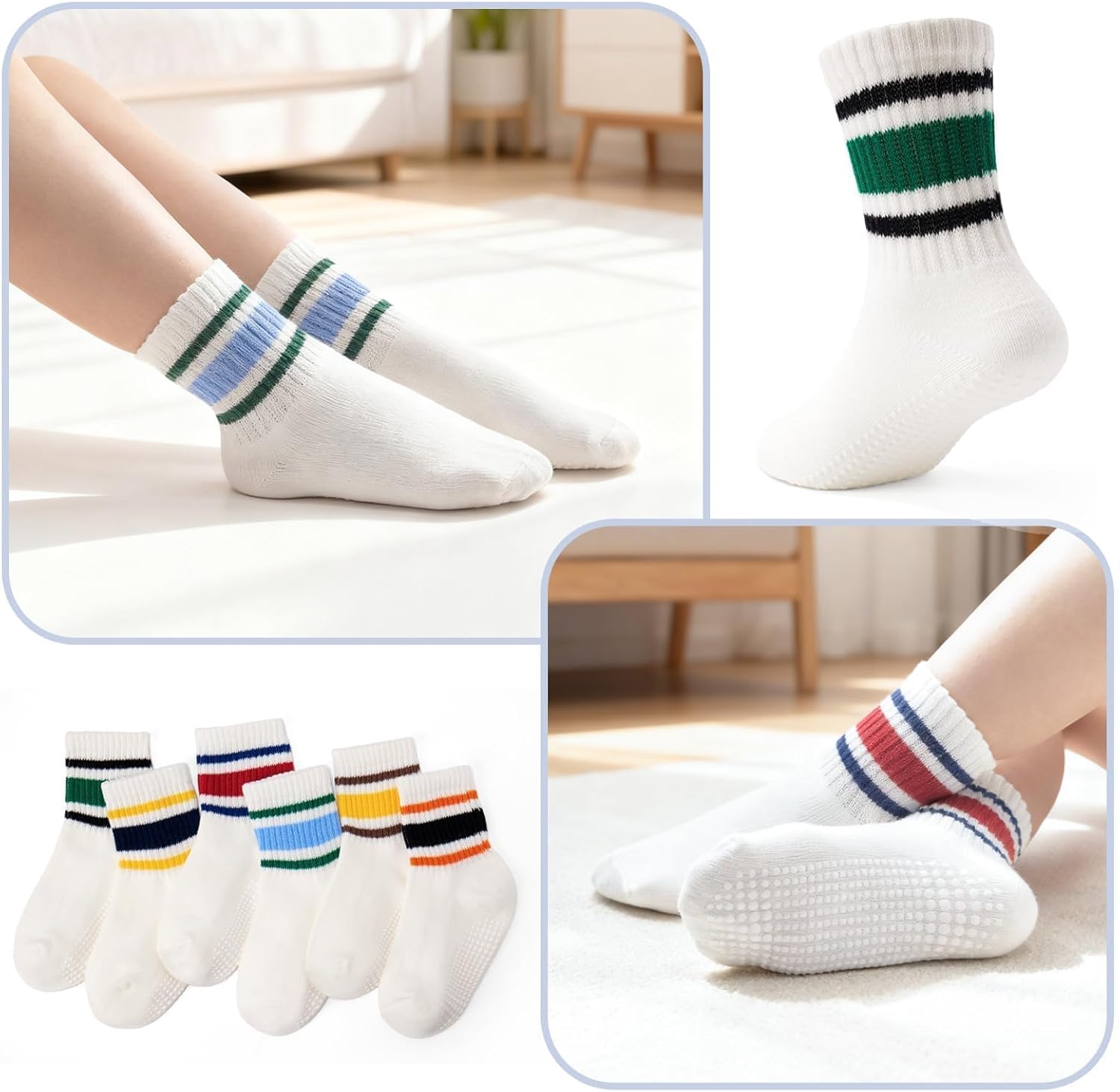 Detalle de Bearbay Non-Slip Toddler Grip Socks with Anti-Skid Soles – 6-Pack, Unisex Cotton Crew Socks for Babies and Kids