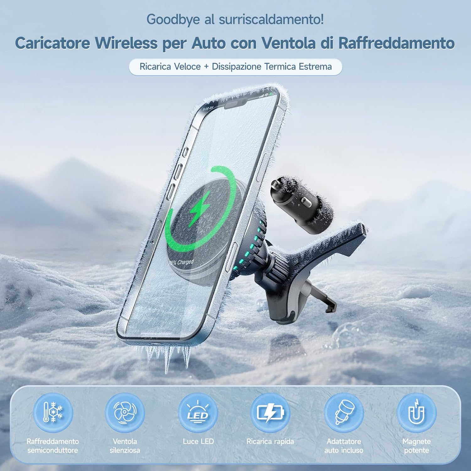 Detalle de MANKIW Caricatore Auto MagSafe 15W con Raffreddamento Semiconduttore e Ventola Silenziosa per iPhone 12–17