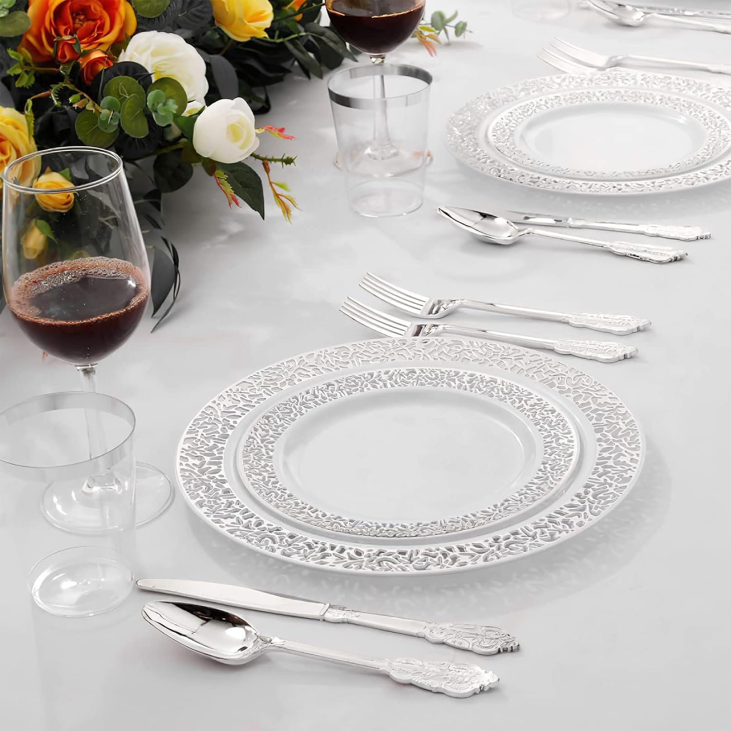 Detalle de Mdtrade WT-00366 150-Piece Silver Plastic Dinnerware Set, BPA-Free