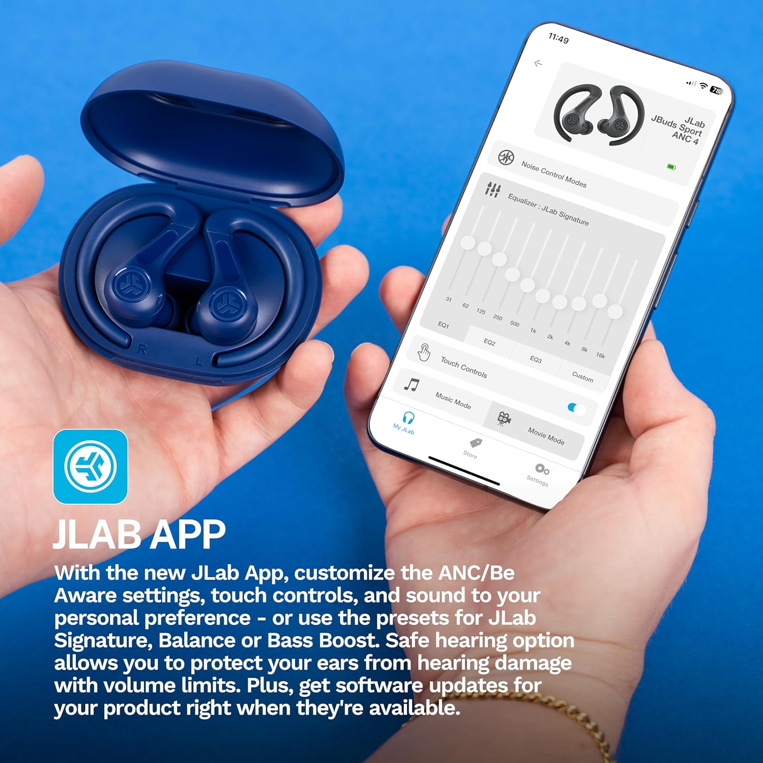 Detalle 2 de JLab EBJBSPTANCCOB50WEB JBuds Sport ANC 4 Wireless Earbuds, IP66, Cobalt Blue
