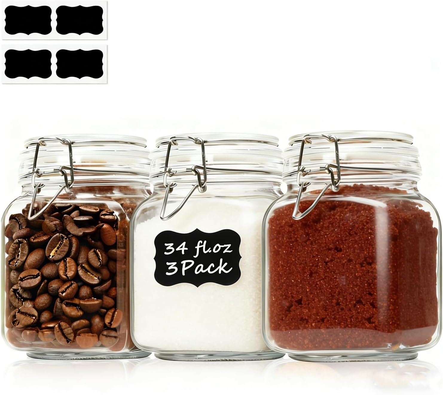 Detalle de ComSaf Airtight Glass Storage Jars, 1 L 3 Pack with Clip-Top Lids