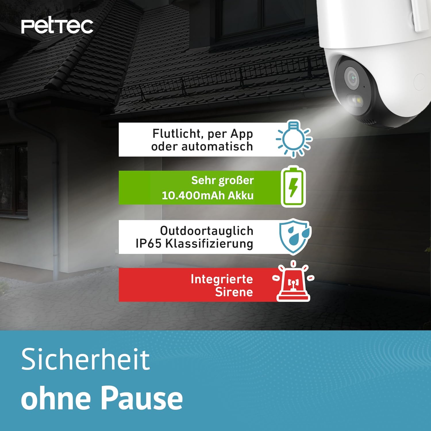Detalle de PetTec Pet Cam Free'n 360 Überwachungskamera – Outdoor 3MP mit Akku, Pan&Tilt, Flutlicht und Sirene