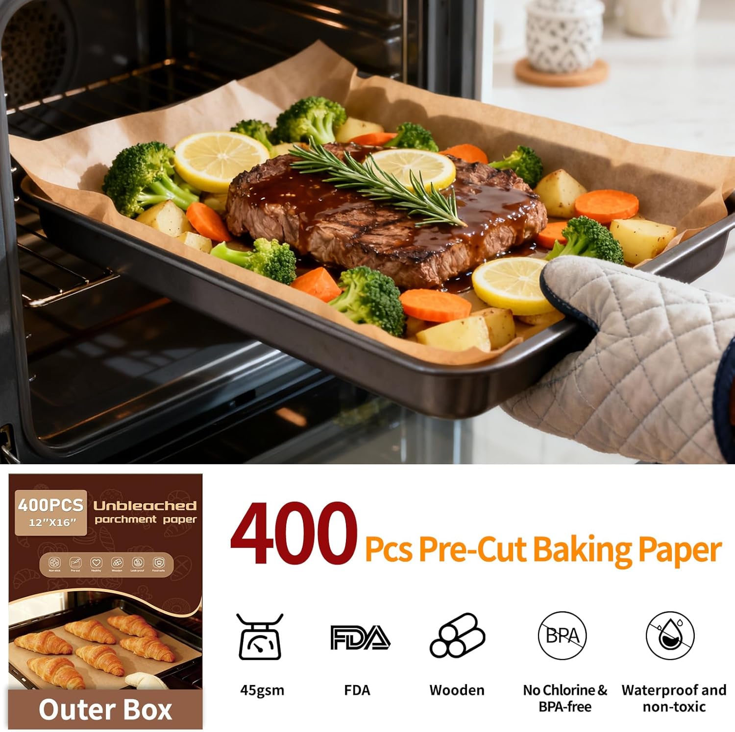 Detalle de YUANYE 400-Pack Unbleached Parchment Paper Baking Sheets (12"x16")