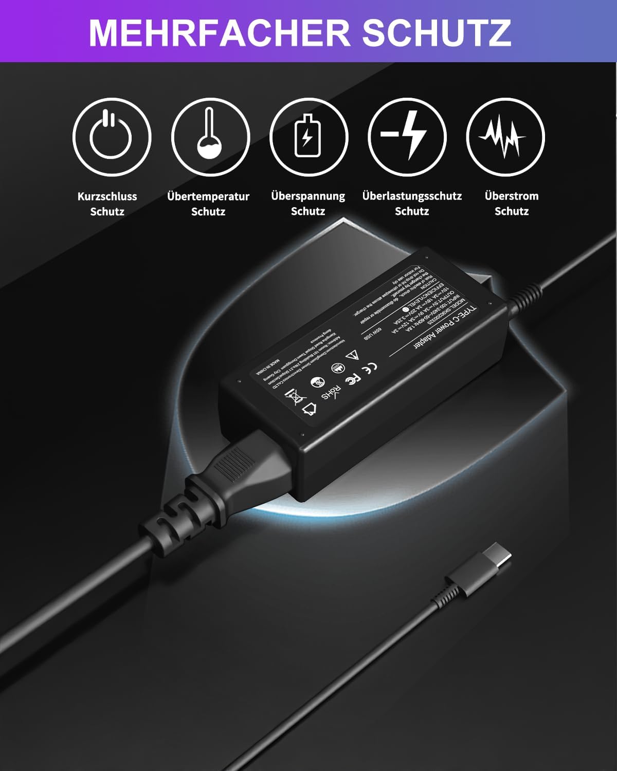 Detalle de 65W USB-C Laptop-Ladegerät für Lenovo ThinkPad und ThinkBook – Kompatibel mit ThinkPad Yoga, X1 Carbon, T- und E-Serien