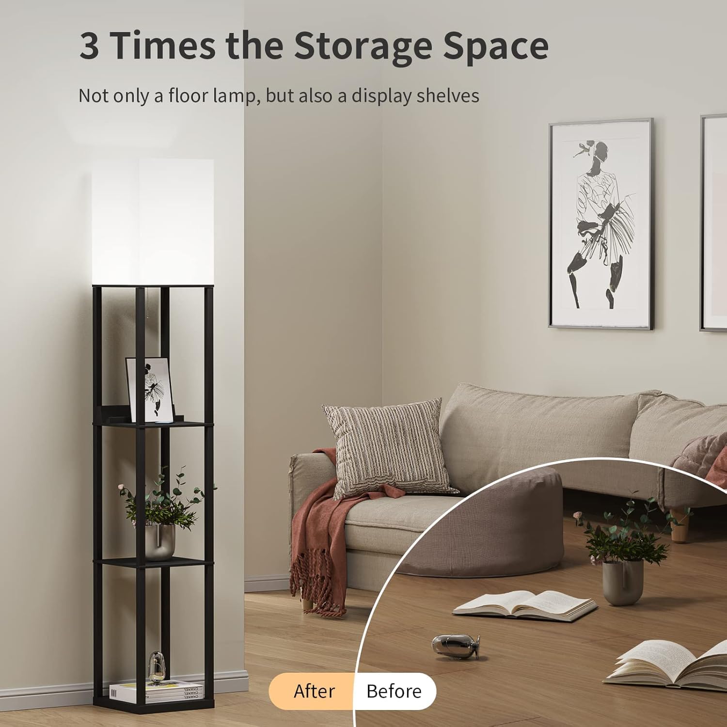 Detalle de Meisoda Floor Lamp with 3-Tier Wood Shelves