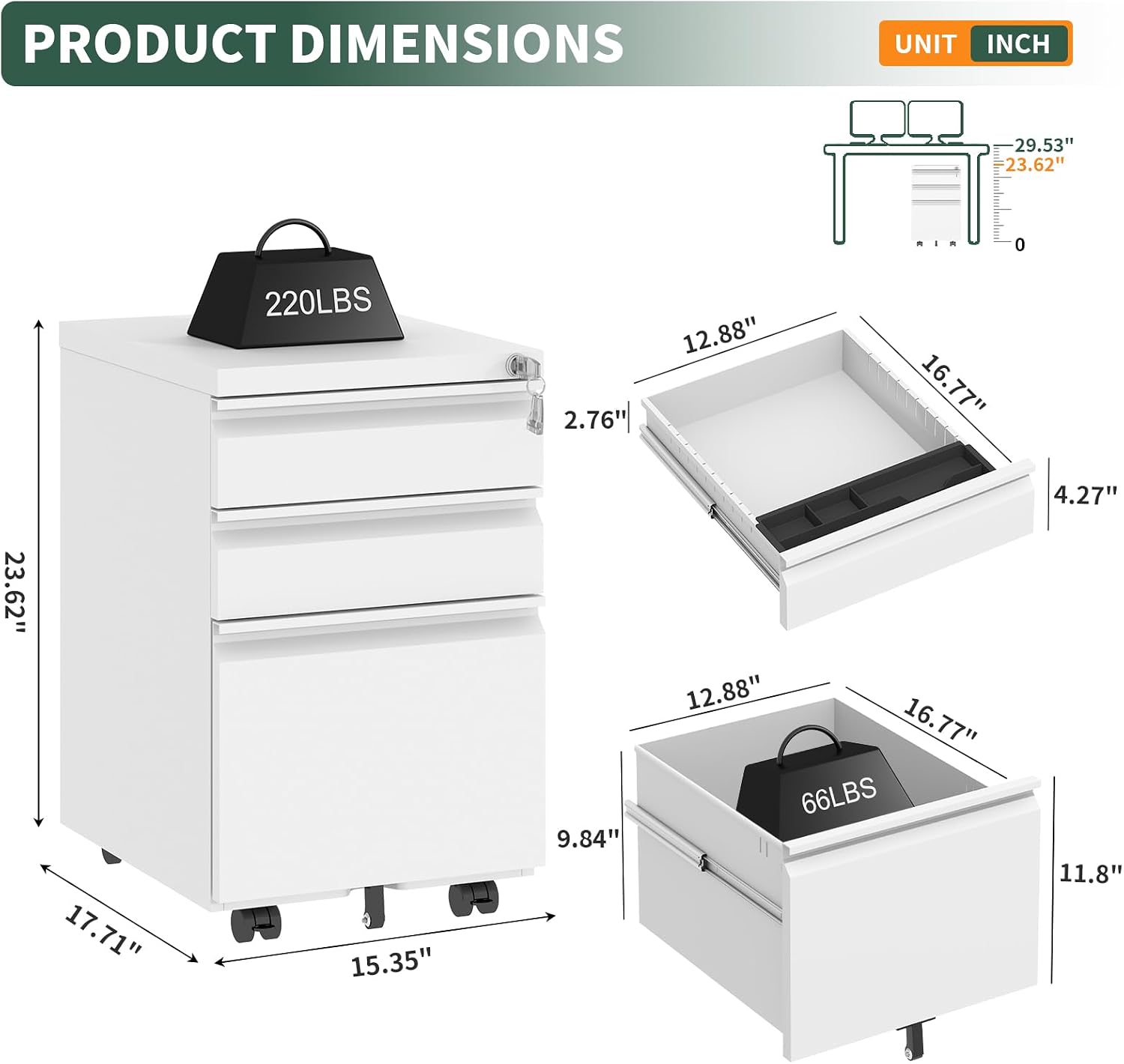 Detalle de TEEALUBAN yr032 3-Drawer White Rolling File Cabinet with Lock