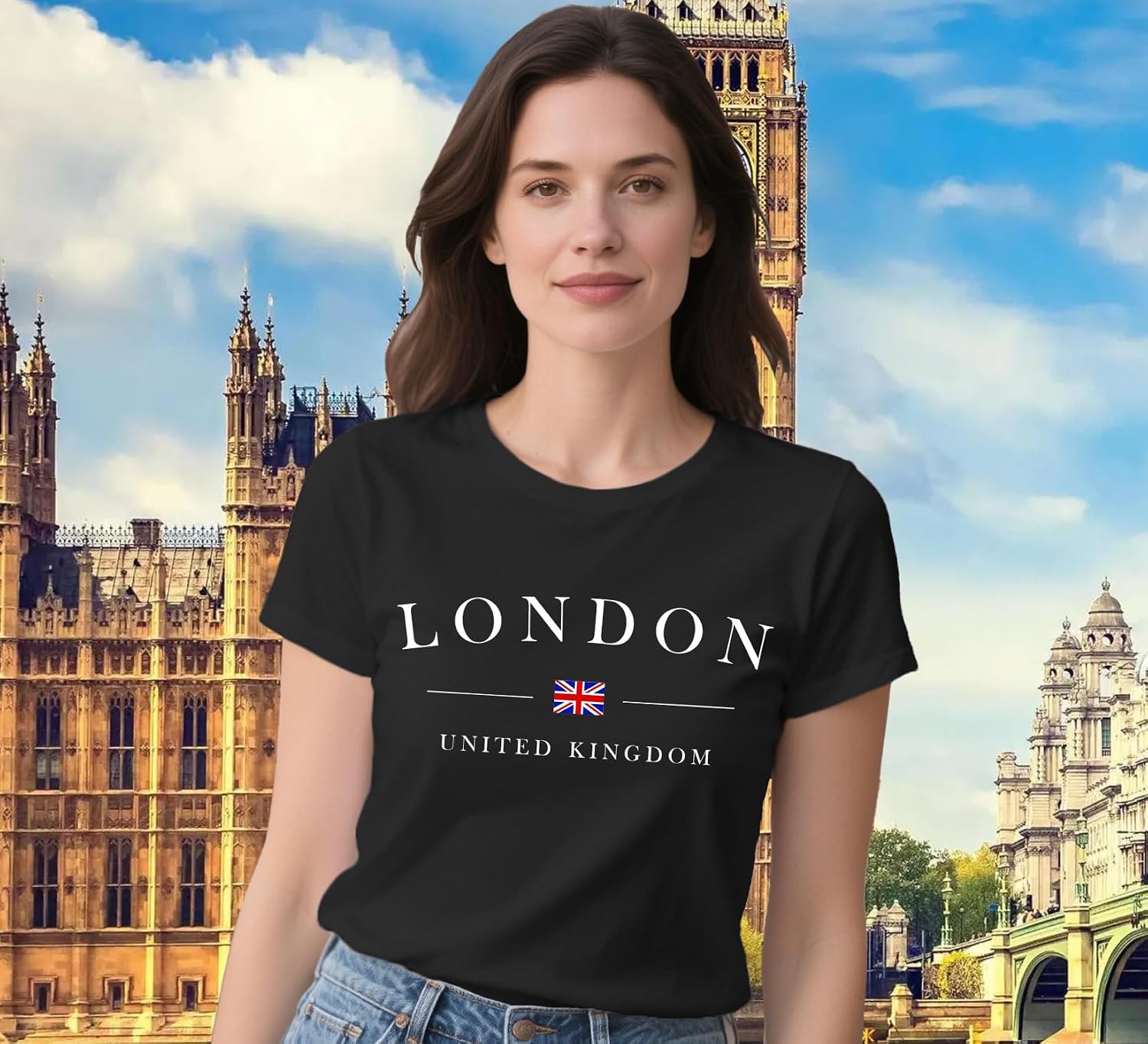 Detalle de Qskall Women’s Union Jack “London” T-Shirt – London shirts United Kingdom tee tops