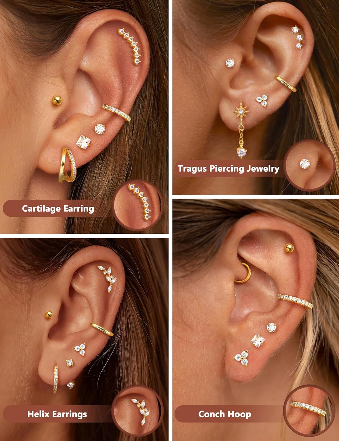 Thumbnail 2 de Roheafer 12-teilige Helix-Piercing-Set aus Chirurgenstahl (Flatback, Huggie-Hoops & Jacket) – für Layering