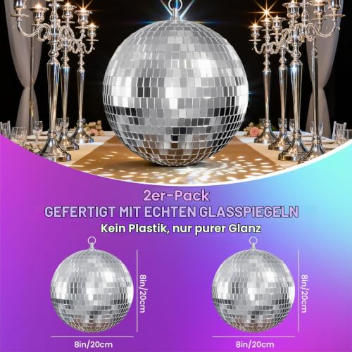 Detalle de Youdepot 20 cm Discokugel 2er Set – Große, silberne Spiegelkugeln zum Aufhängen