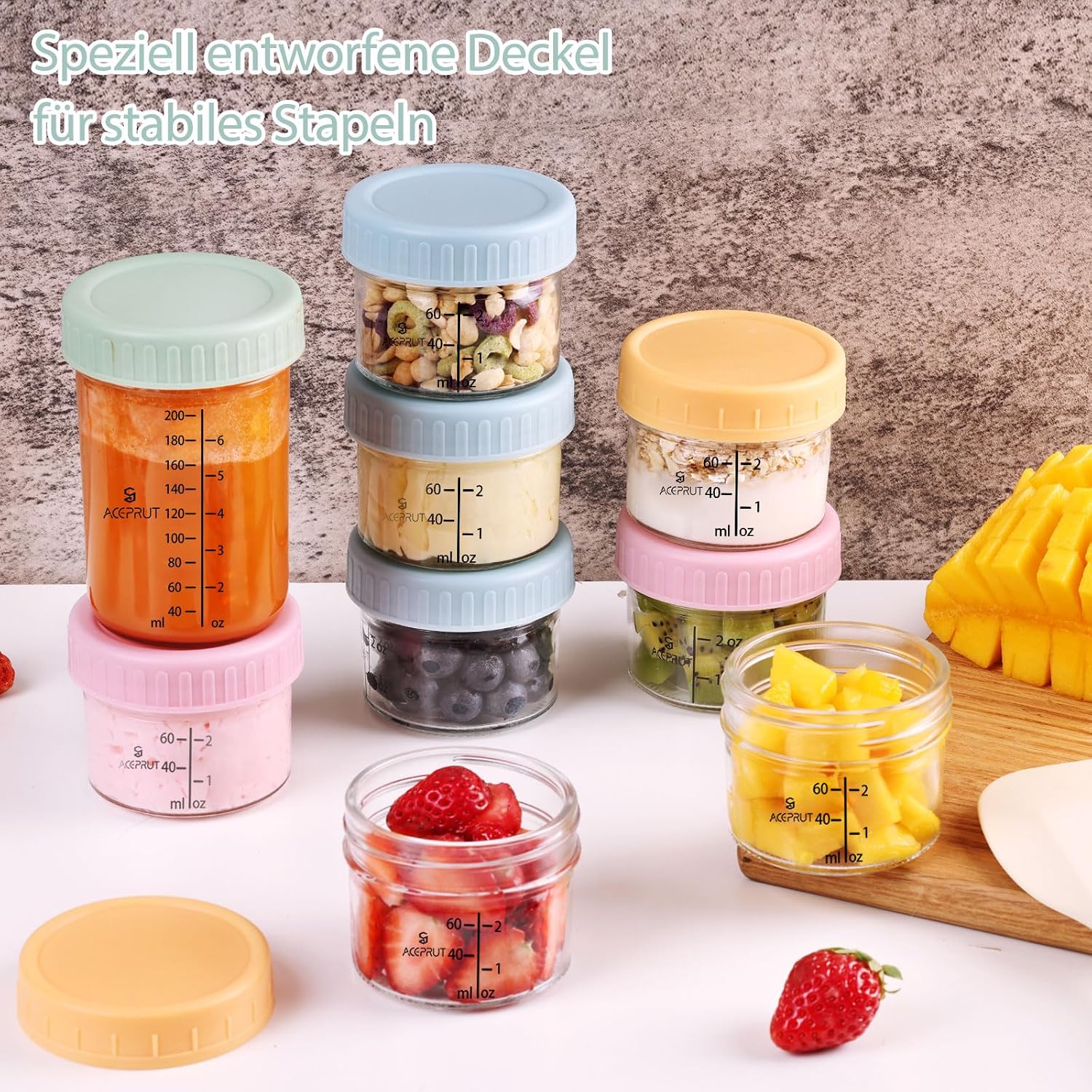 Thumbnail 5 de ACEPRUT 14 Stück Glas Babybrei Einfrieren Behälter 60ml/200ml