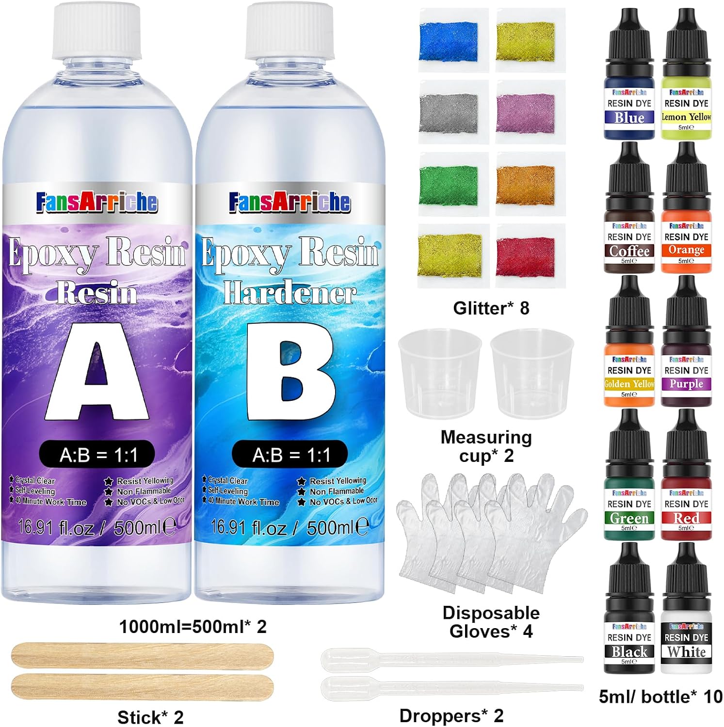 Detalle 2 de FansArriche Epoxidharz-Set 1000 ml (klar, zum Gießen) mit Härter, Farbpäckchen & Zubehör
