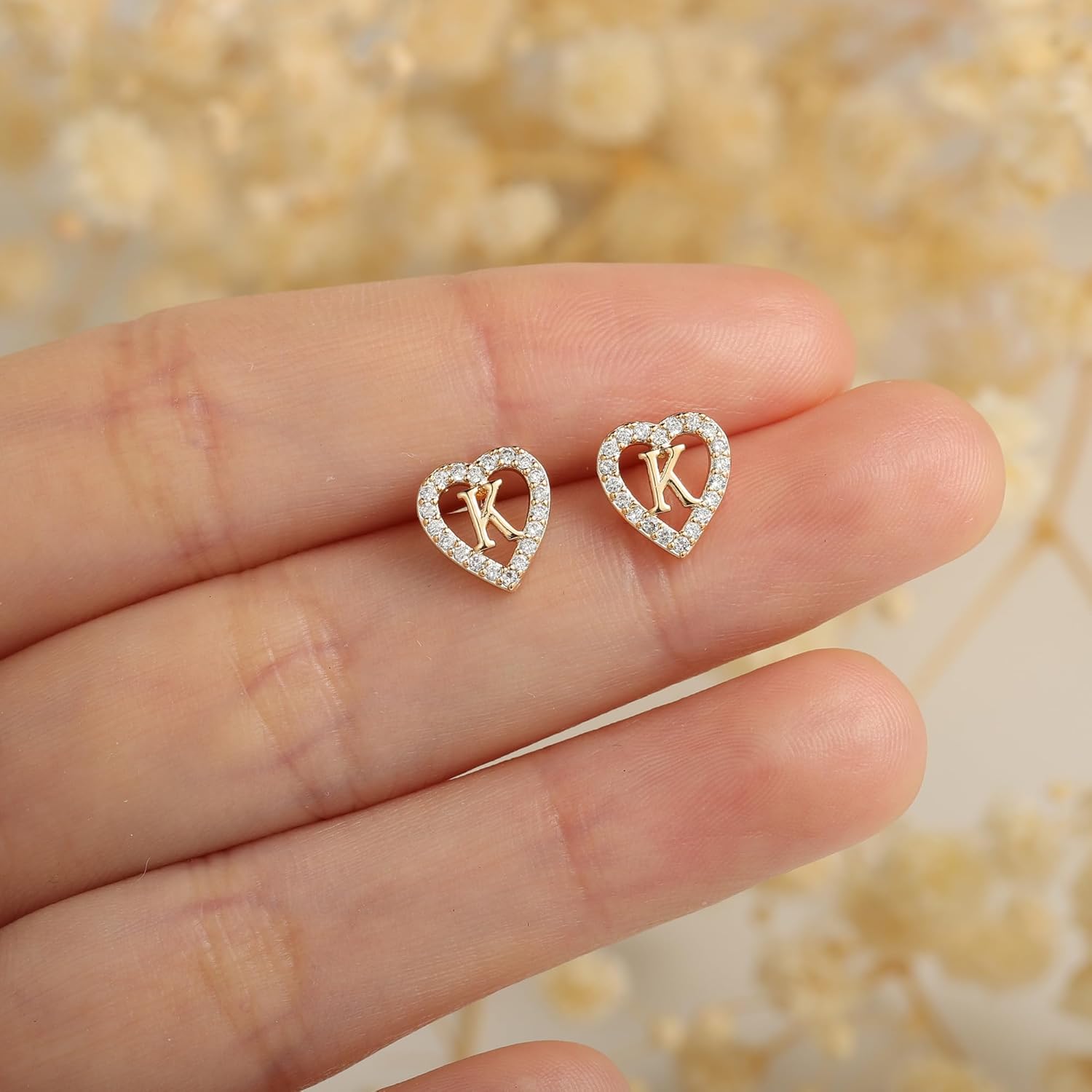 Thumbnail 5 de TINGN Boucles d'oreilles en forme de lettre et cœur – Plaqué or 14 carats, S925, zircones, sans nickel