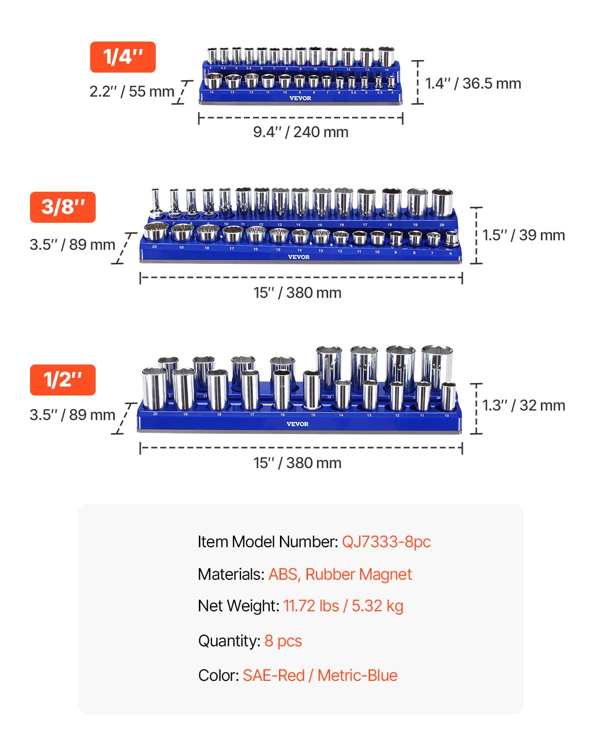 Thumbnail 6 de VEVOR Kit Organisateurs Douilles Magnétiques 8 Plateaux – 199 Emplacements, Bleu & Rouge