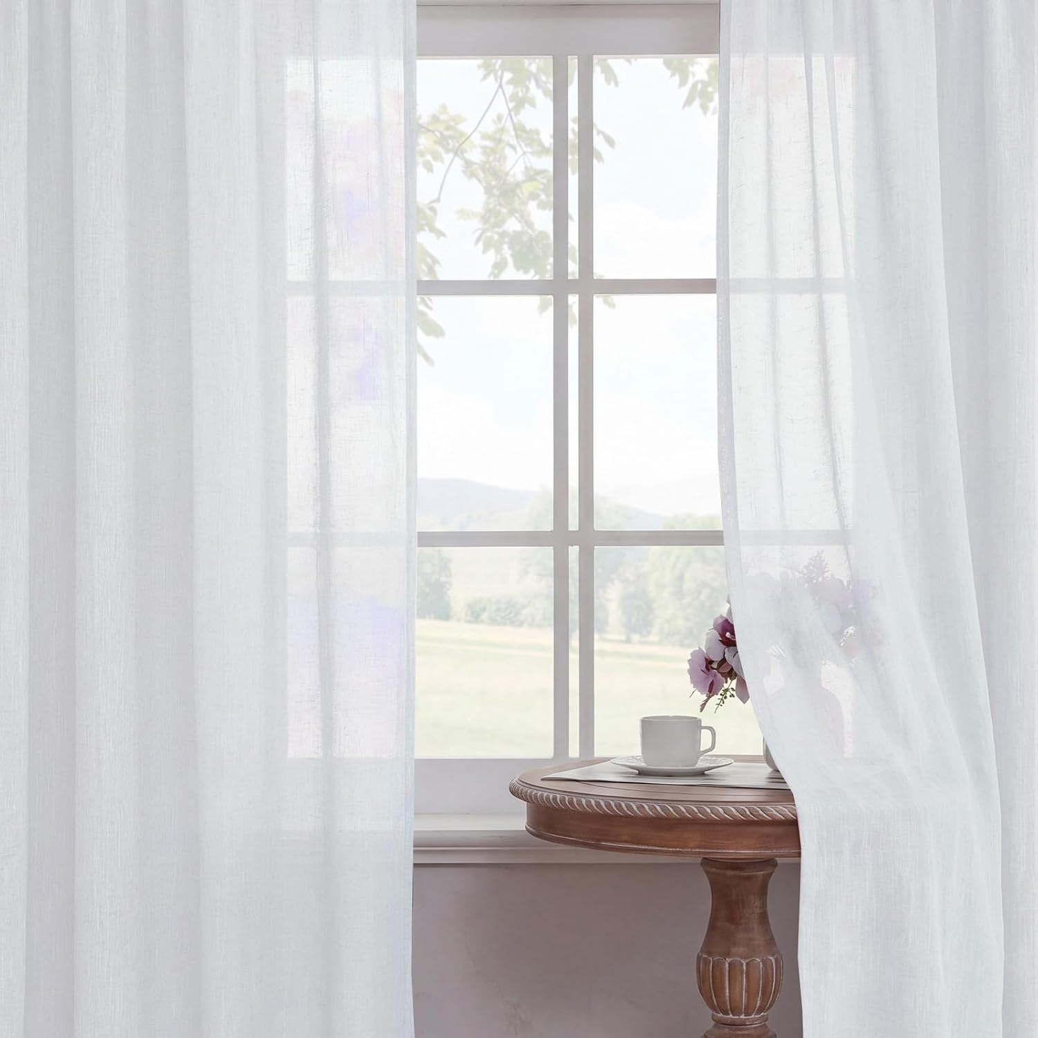 Detalle de BellaHills Gardinen Leinenoptik Kurz Vorhänge – Leinenstoff, Halbtransparent, Weiß, 2er Set (145x140 cm)
