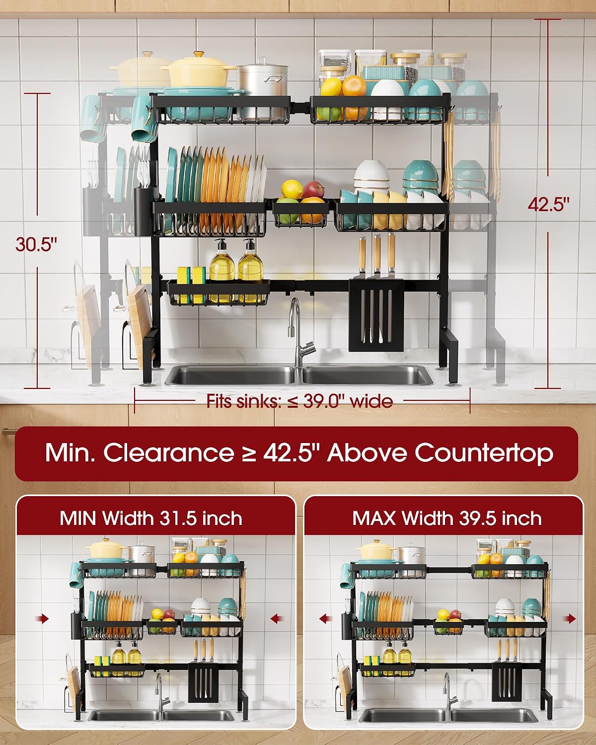 Thumbnail 2 de Sakugi Over The Sink Dish Drying Rack - Adjustable 3 Tier XX-Large Capacity, Stainless Steel Drainer with Utensil, Knife & Cutting Board Holders