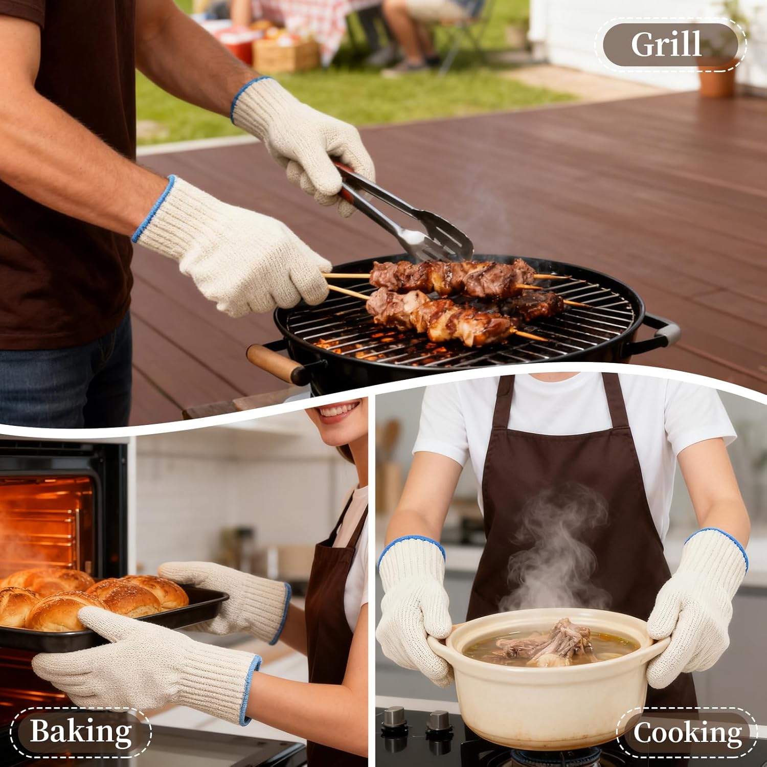 Detalle 2 de Houbobo Heat Resistant Oven Gloves (Set of 2) – full-hand, fingered grill gloves for hot food handling