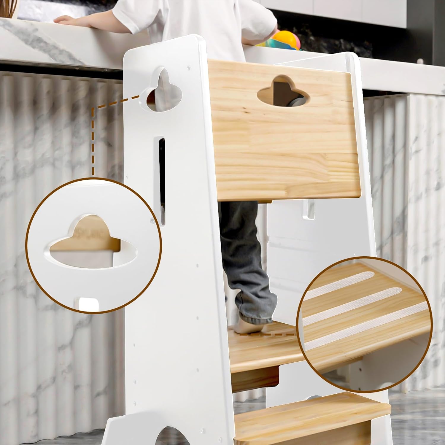 Detalle 2 de COSYLAND Toddler Standing Tower 3-Level Wooden Kitchen Stool