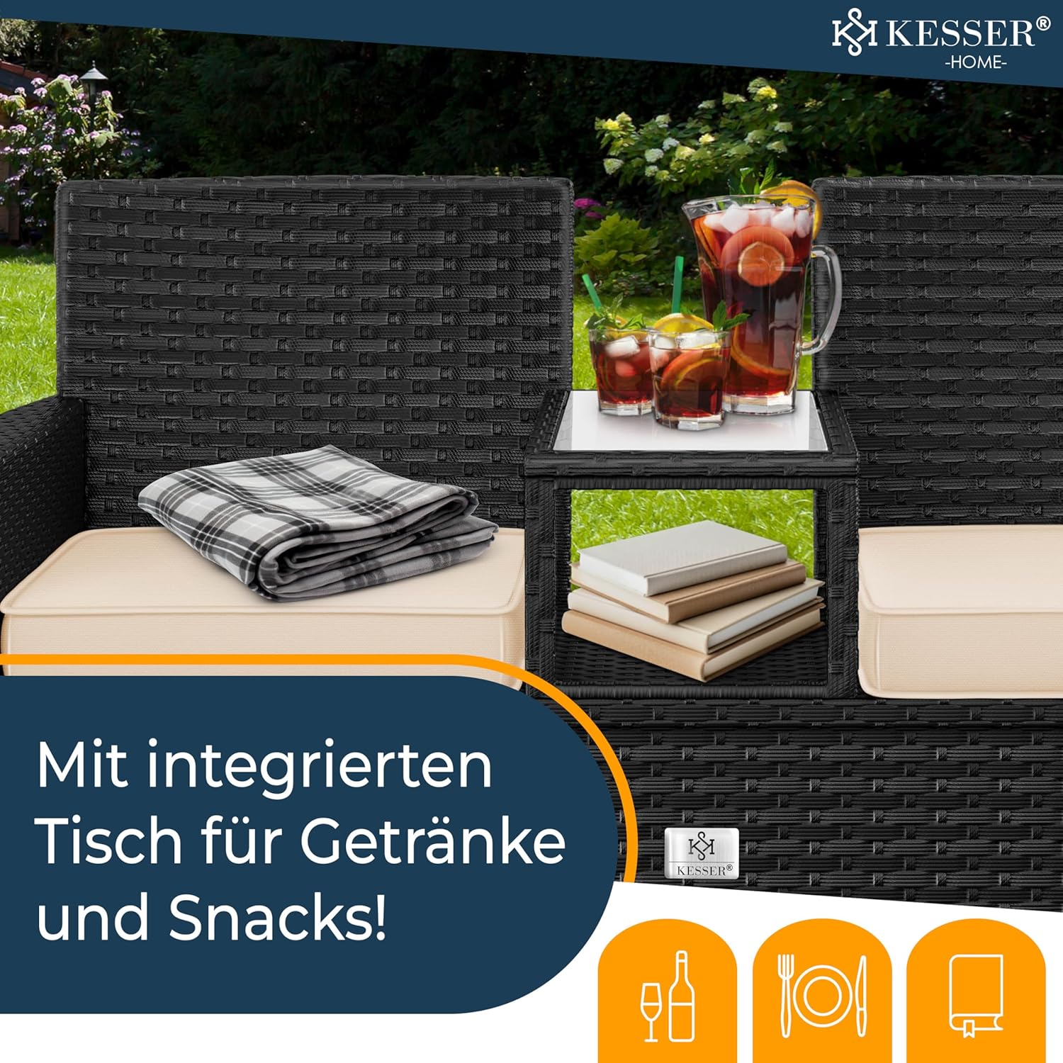 Thumbnail 2 de KESSER Polyrattan Gartenbank mit Tisch (2 Sitzer), 143x63x88 cm – wetterfest für Garten & Balkon in Schwarz