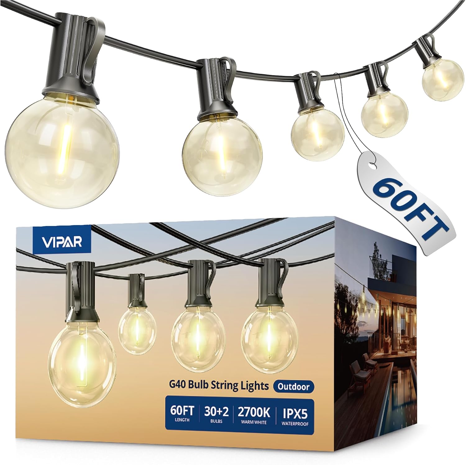 Detalle de VIPARSPECTRA GLS-20J2P-E12-G40-28 60-Foot LED String Lights, IPX5, Dimmable