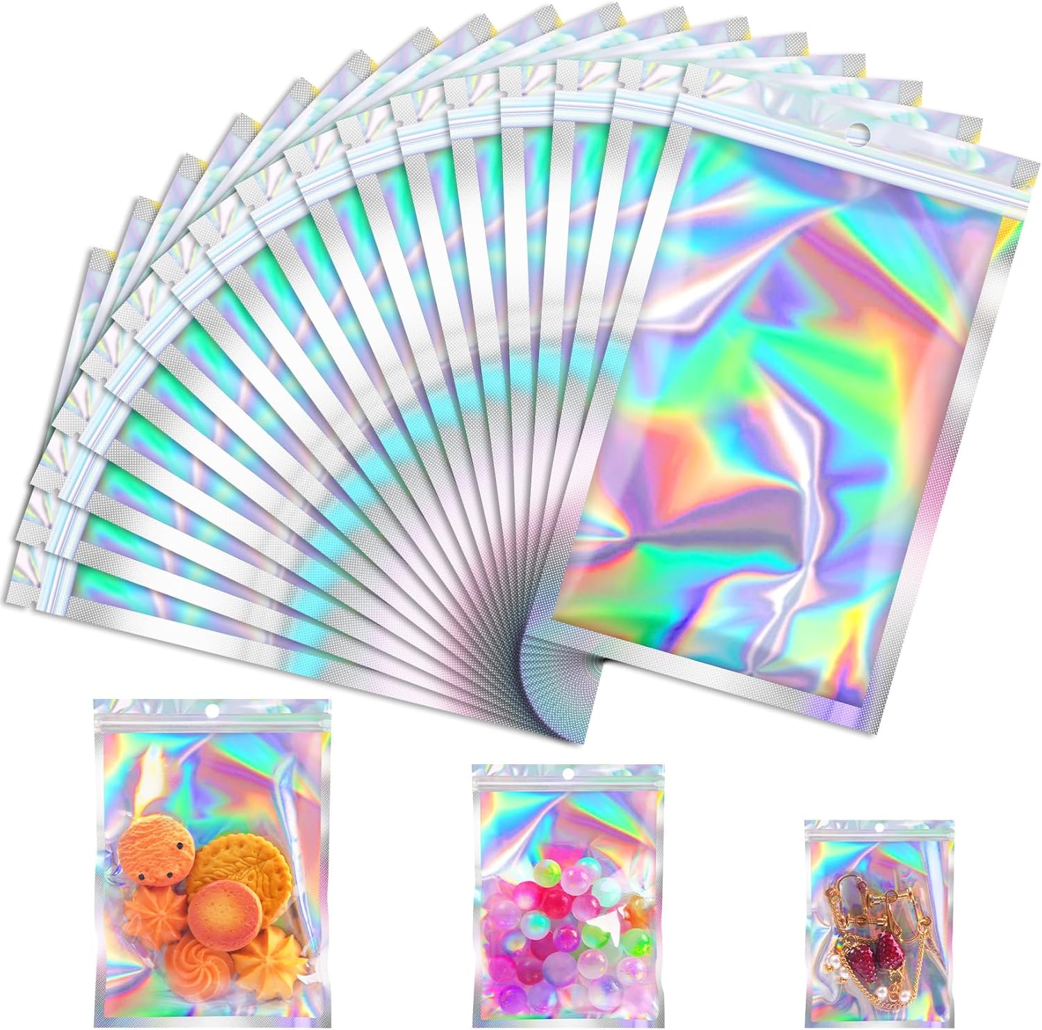 Detalle de JETMORE 100 Pcs Holographic Mylar Bags (3x5in) – Resealable, Windowed, Smell-Proof