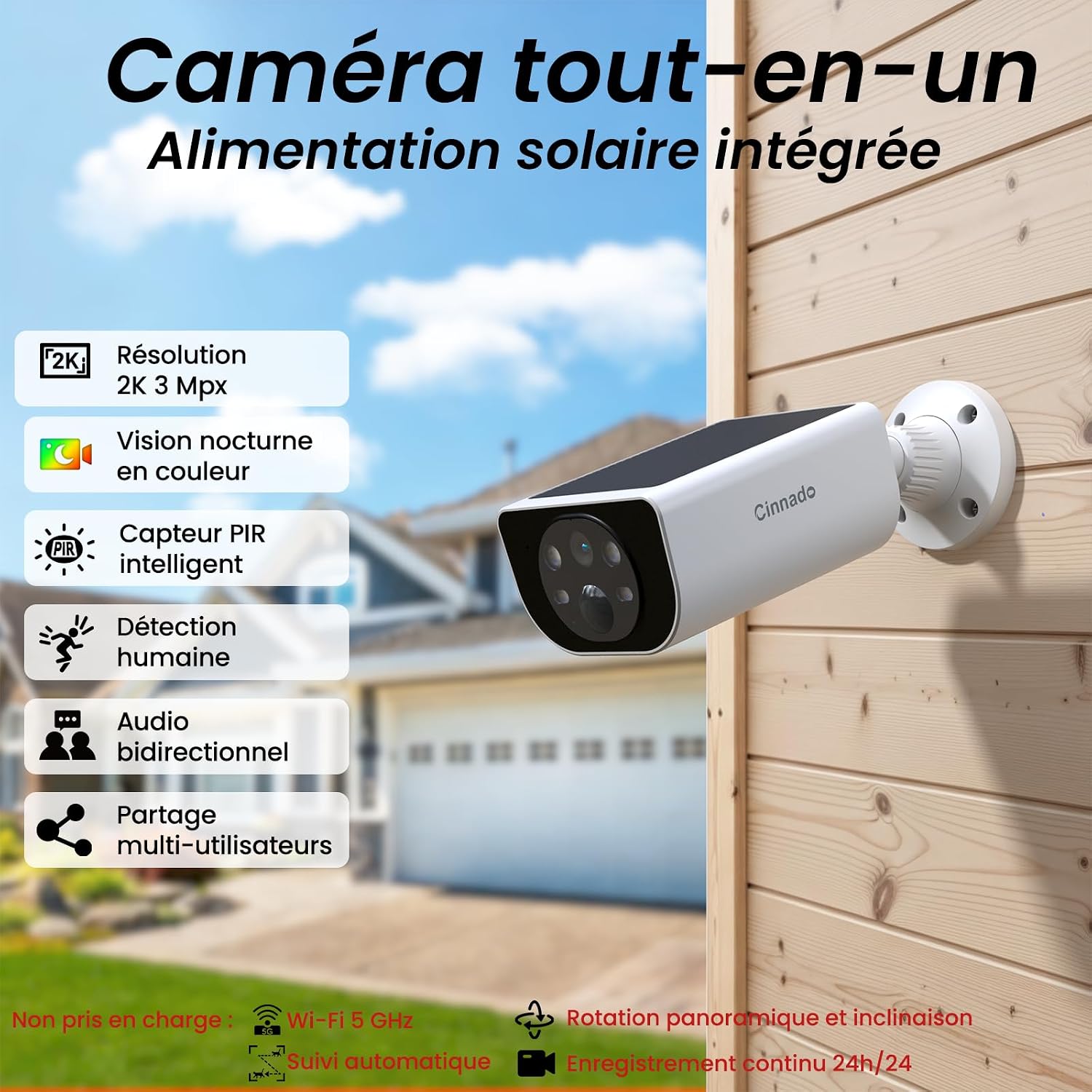 Detalle de Cinnado 2K 3MP Camera Surveillance WiFi Extérieure Solaire, IP65 – sans Fil