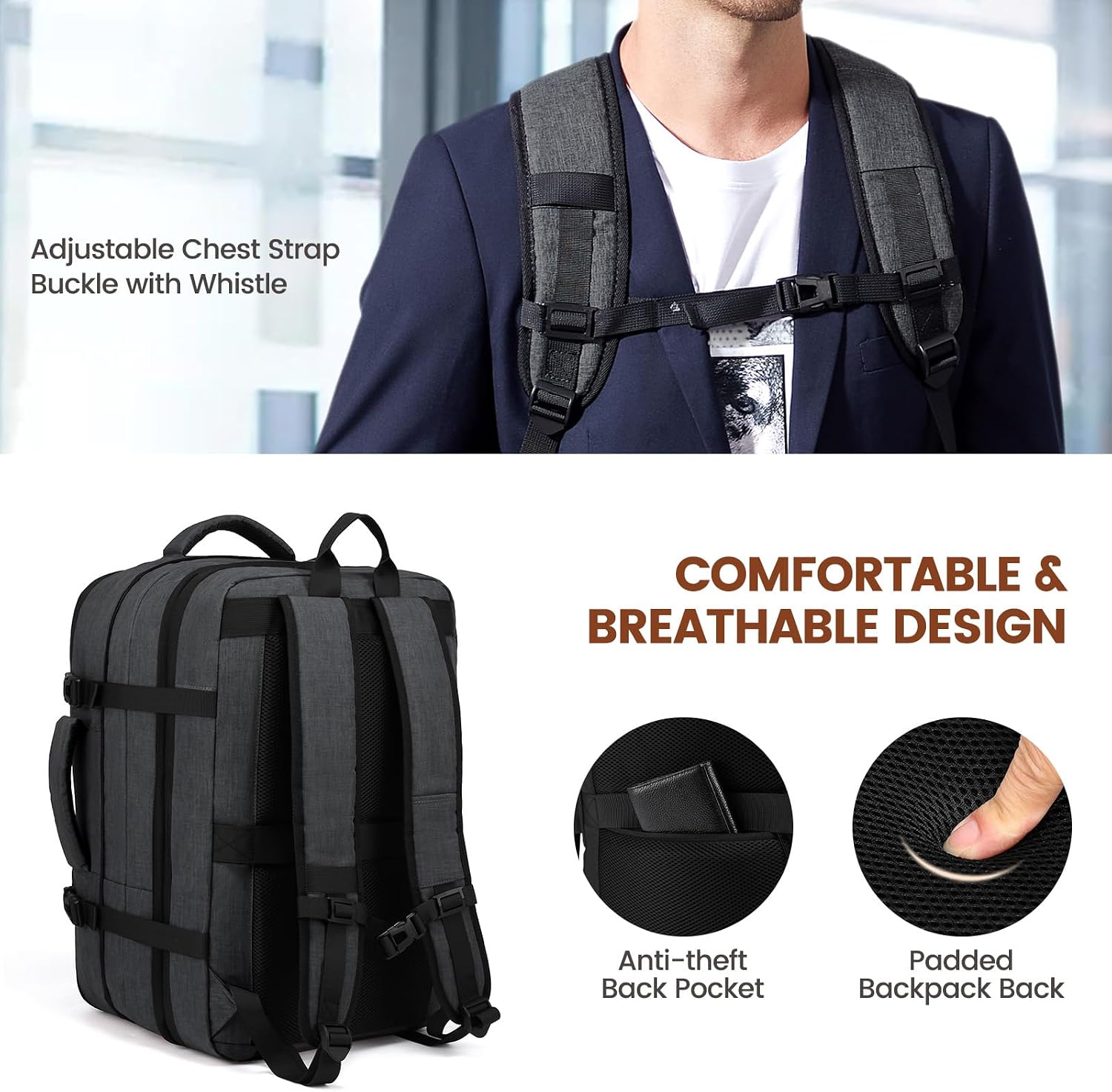 Detalle de LOVEVOOK Reiserucksack als Flugzeug-Handgepäck mit Laptopfach für 17,3 Zoll, erweiterbar (Grau) – 30–40 l