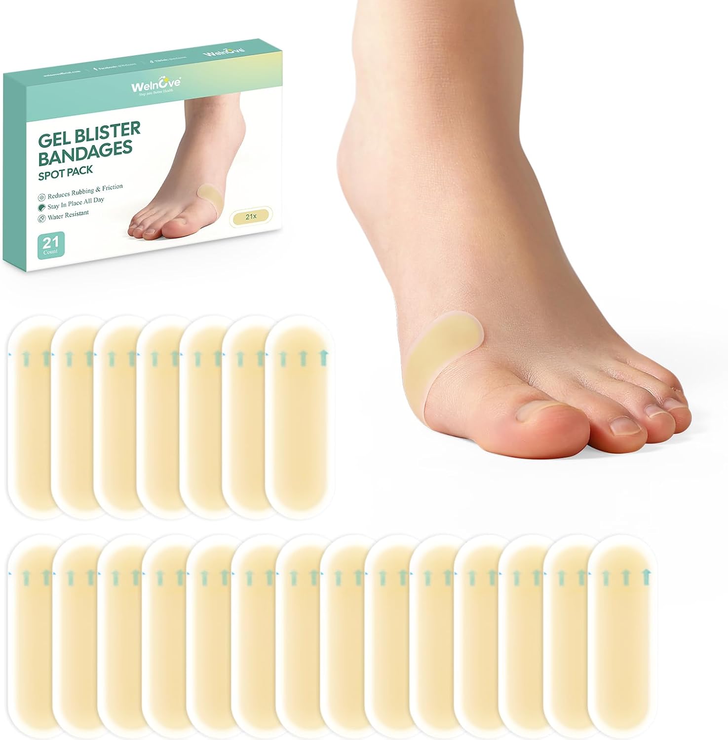 Detalle de Welnove 21-Count Hydrocolloid Blister Bandages for Heel and Toe, Water-Resistant