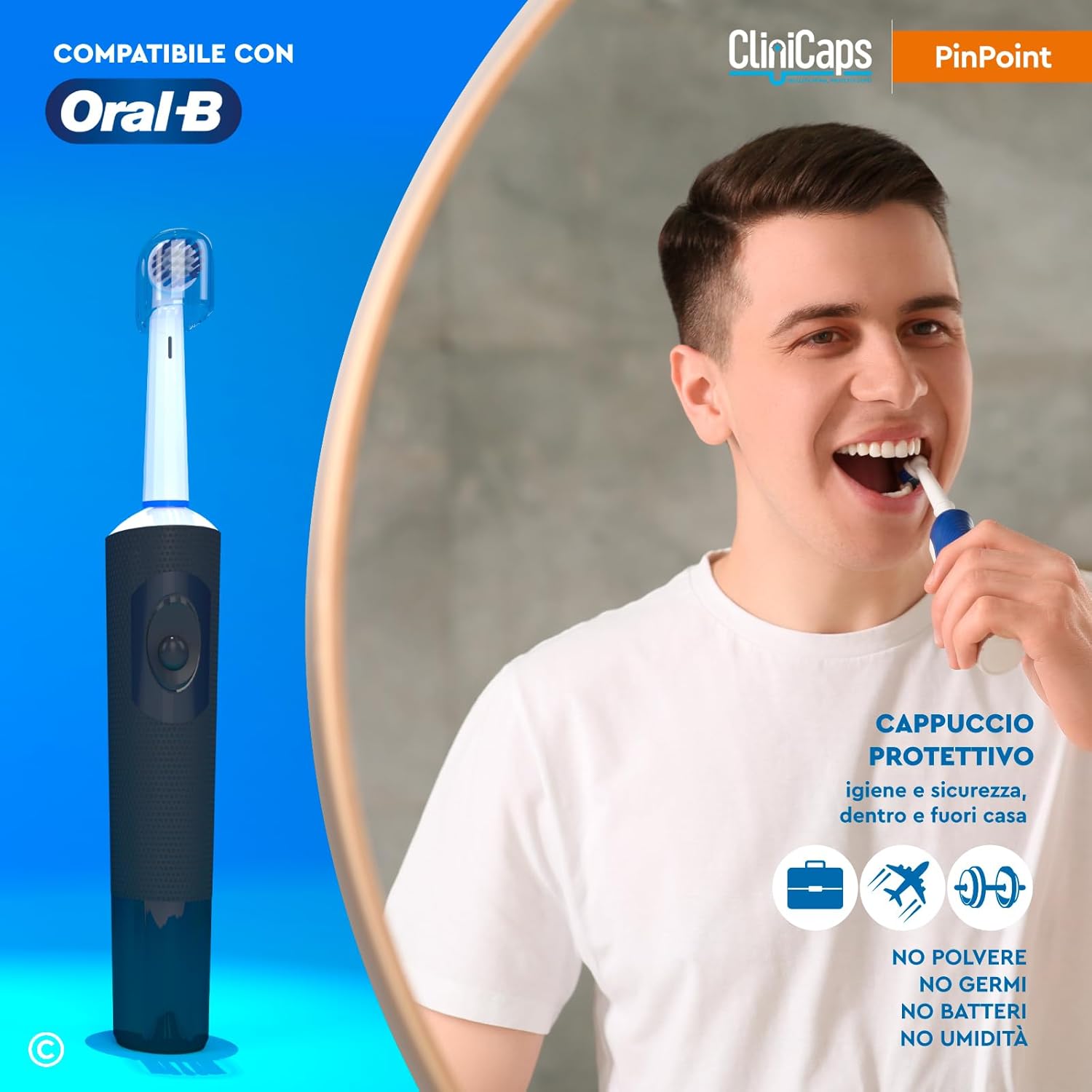 Detalle de 20 Testine Spazzolino Elettrico PinPoint CliniCaps: Ricambio Compatibile con Oral-B, Con Bustina Asettica e Cappuccio Protettivo