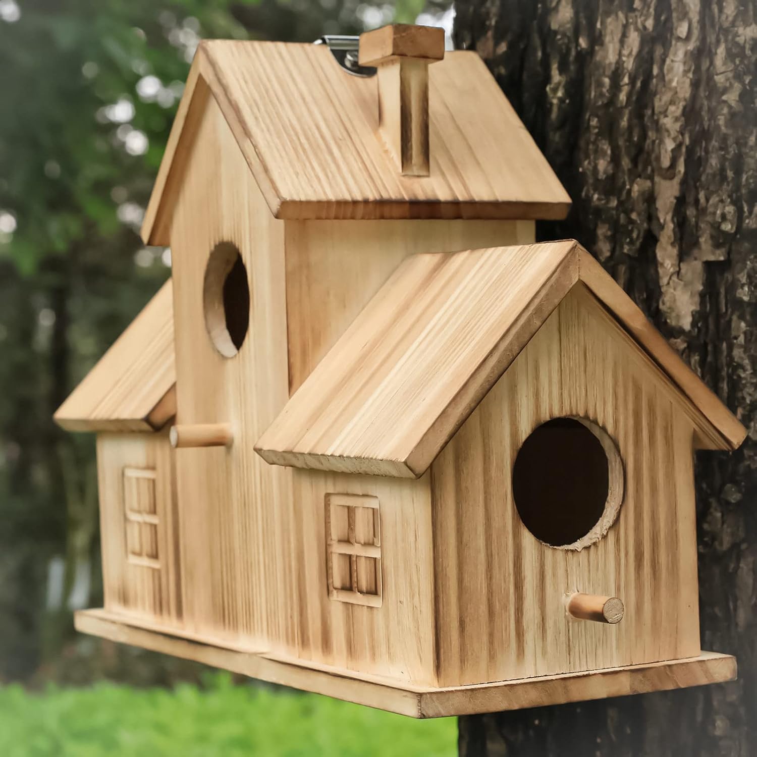Thumbnail 1 de STARSWR Vogelhäuser draußen, 3 Löcher — hängbares Holzvogelhaus für Garten (30 x 11,9 x 22 cm)