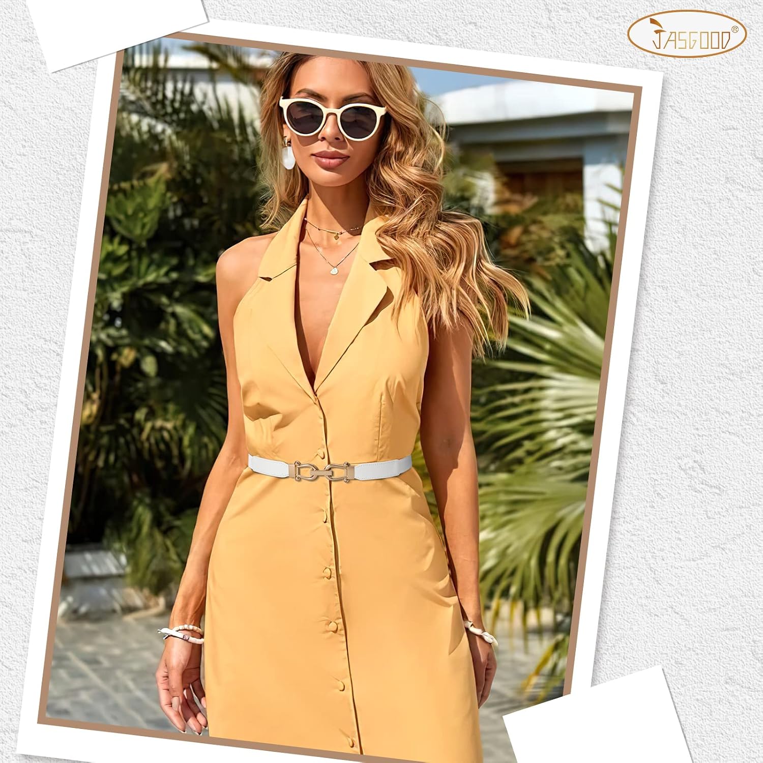 Thumbnail 5 de JASGOOD Women Stretchy Waist Belt with Gold Buckle — Skinny Elastic Belt for Versatile Styling