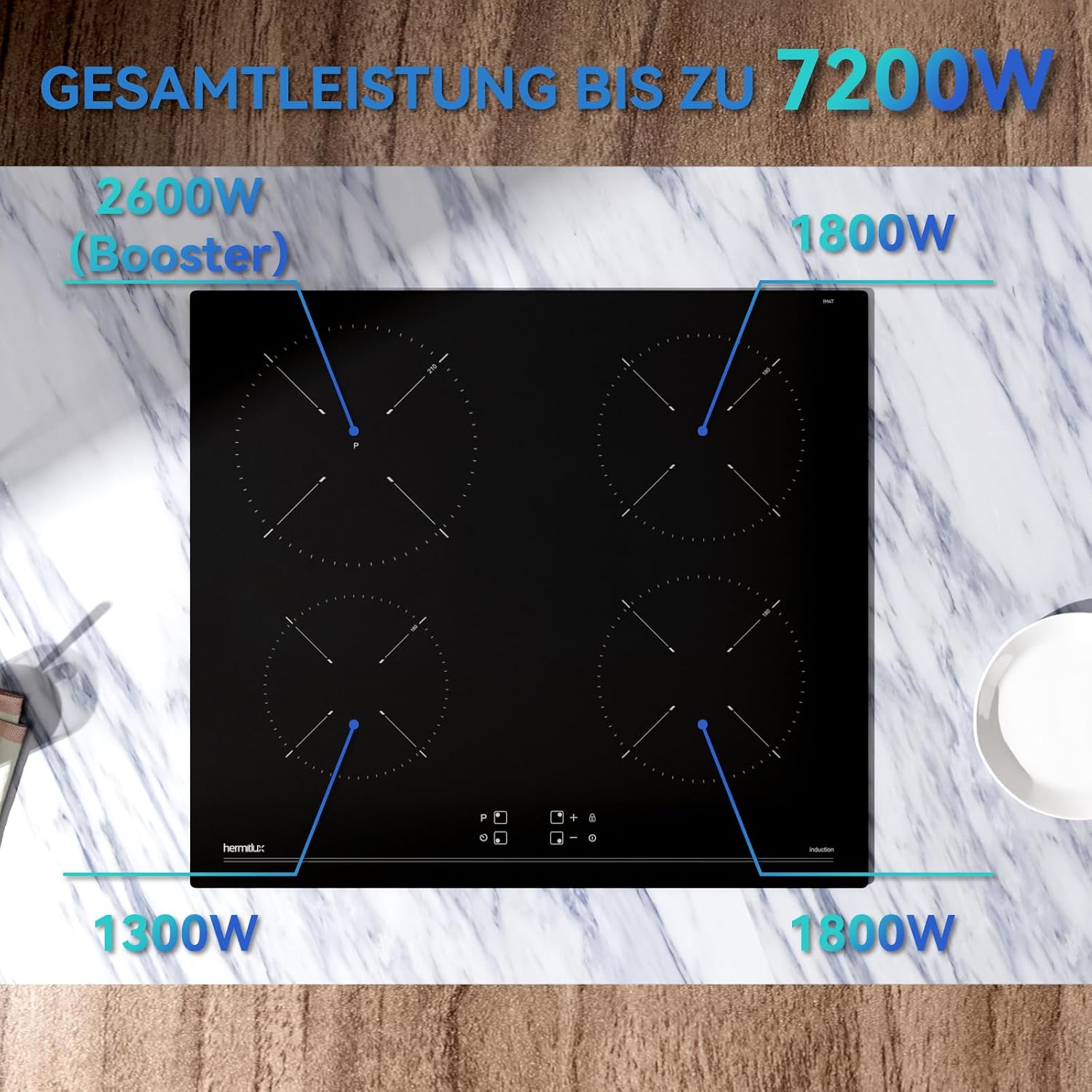 Detalle de Hermitlux Induktionskochfeld 60 cm mit 4 Zonen, Booster & Touch-Bedienung (9 Leistungsstufen)