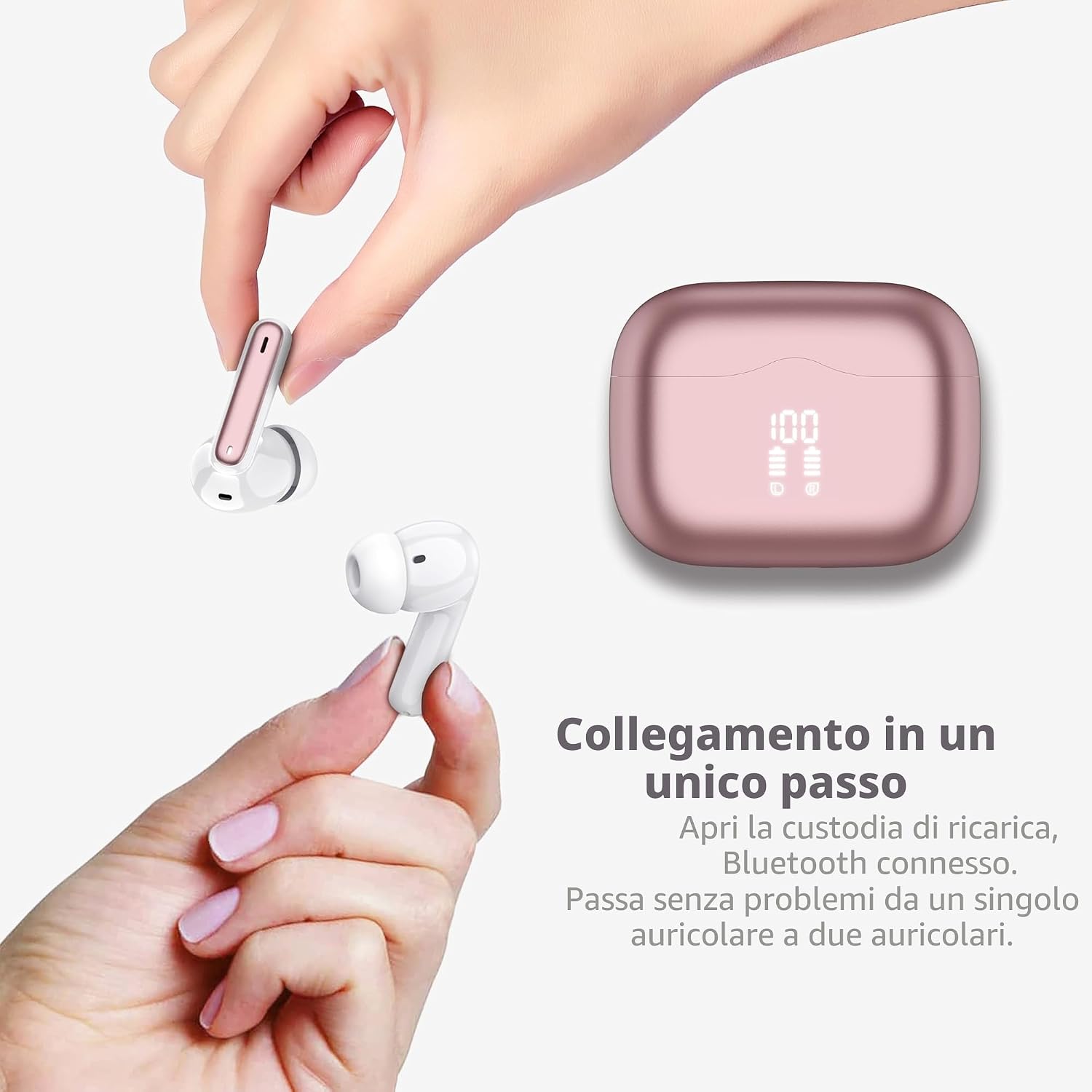 Detalle de Cuffie Bluetooth 5.3 HiFi con 4 microfoni e custodia USB-C – Rosa Oro