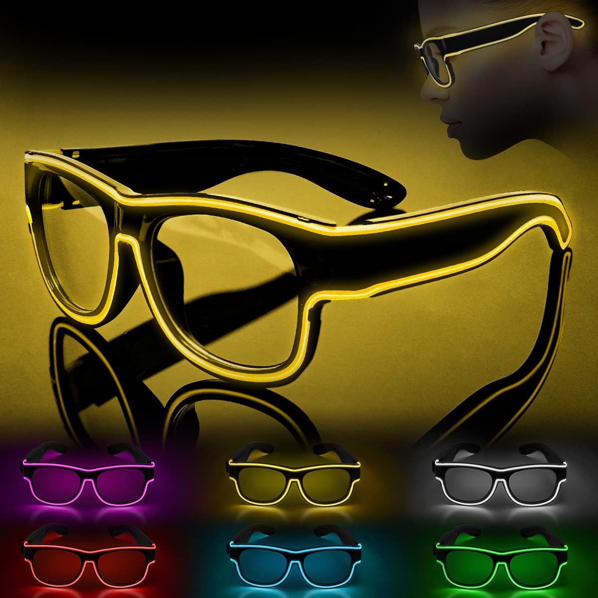 Detalle de Ainiv LED-glasögon, uppladdningsbara festglasögon med tre ljuslägen