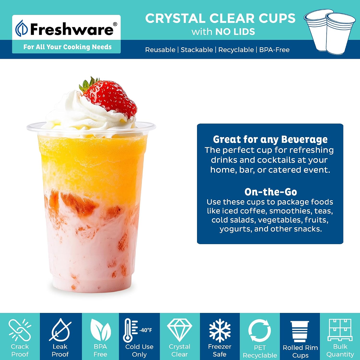Detalle de Freshware 16 oz Clear Disposable Plastic Cups (PET) — Crystal-Clear Tumblers, 100 Count