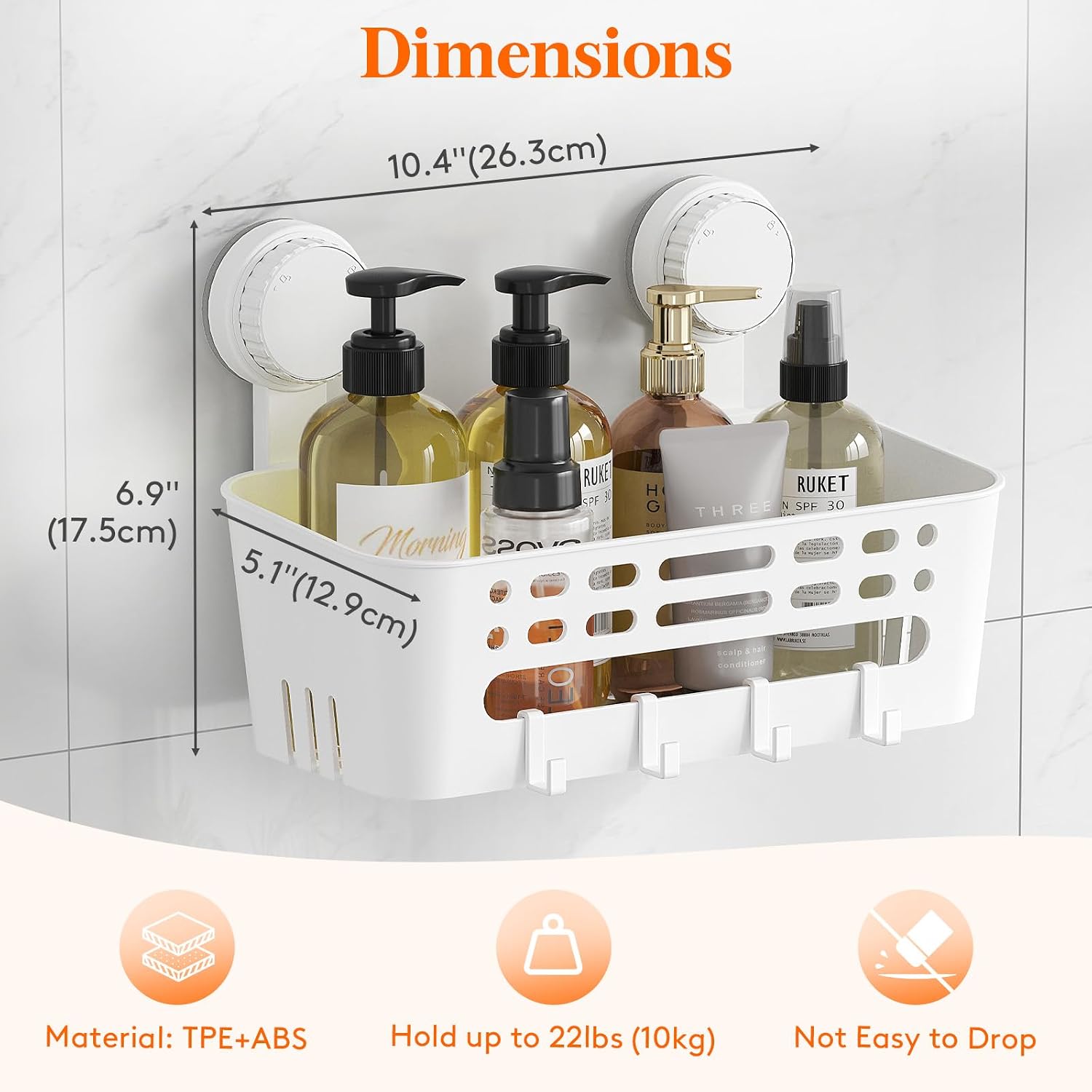 Thumbnail 3 de Lifewit 24407 Suction Cup Shower Caddy, 26 cm, No-Drill White Shelf