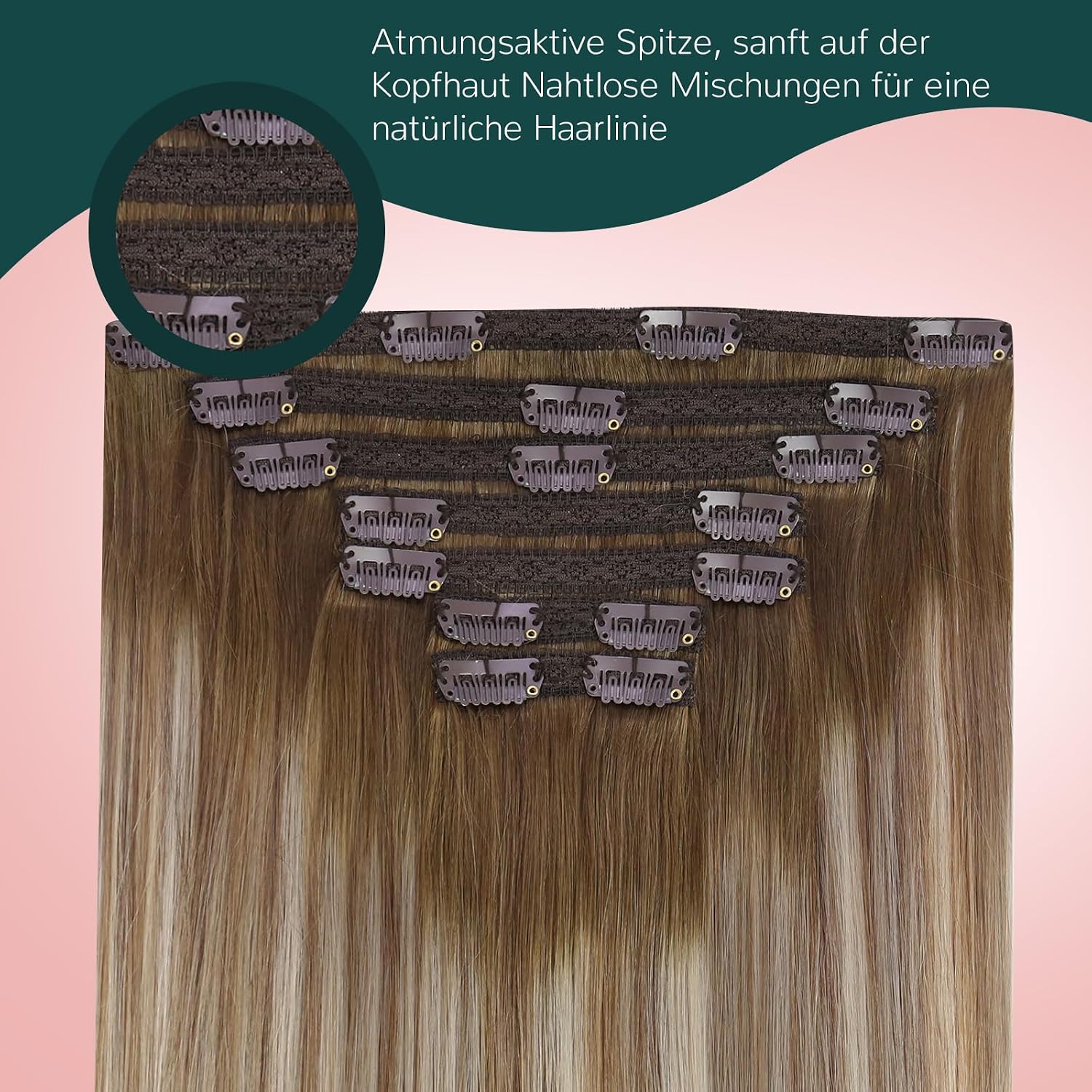 Detalle de Easyouth Clip-in Extensions aus Remy-Menschenhaar (Balayage Blond, #3/8/22) – 7 Stk. bis 55 cm, 120 g