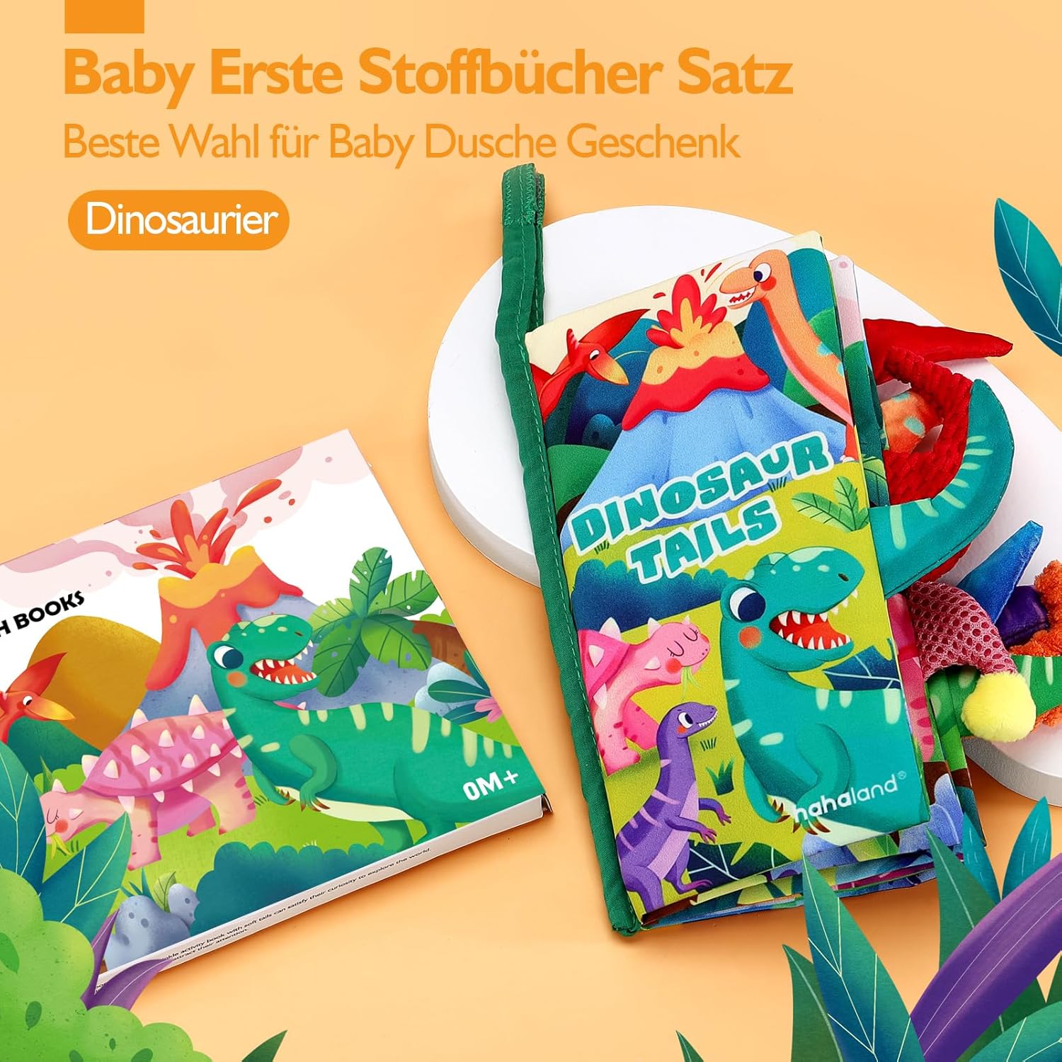 Thumbnail 1 de hahaland Baby Spielzeug 0–6 Monate Dinosaurier: sensorisches Stoffbuch mit Schwanz, Knister- und Quiet-Effekten