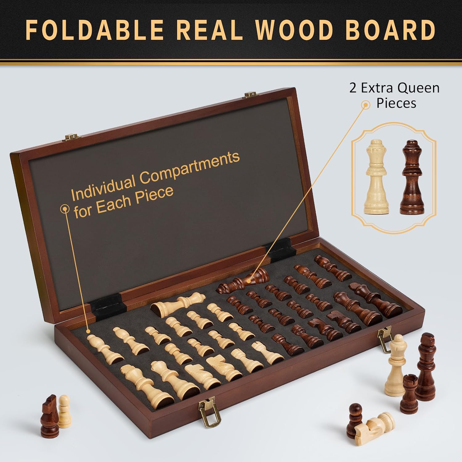 Detalle de Magnetic Wooden Chess Set: 15" Folding Travel Board with 2 Extra Queens