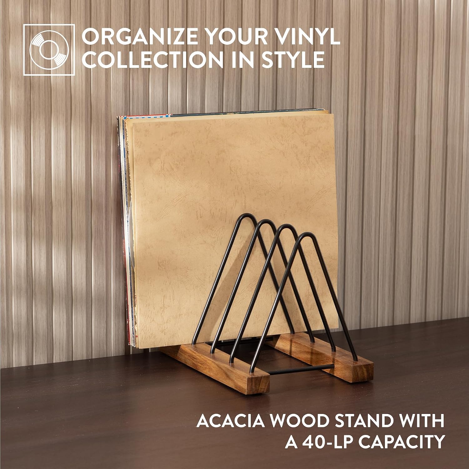 Detalle 2 de Big Fudge Acacia Wood Vinyl Record Holder, 30–40 LP Capacity, Scratch-Resistant Base